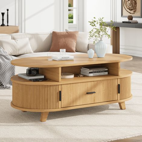 Entretien facile Table basse ovale 100x50x40cm avec tiroir fluide, rangements ouverts et 2 portes rideaux (1/5)