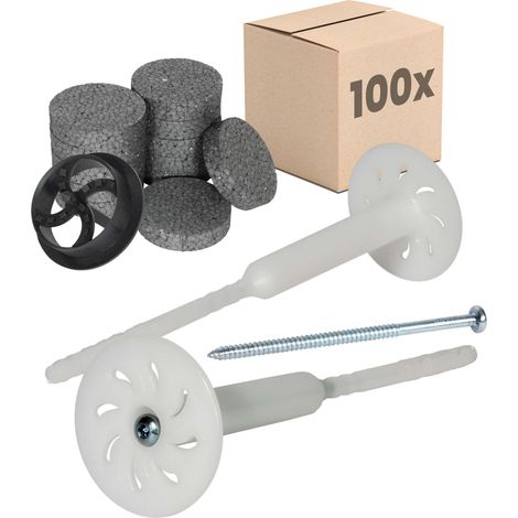 PROTEKTOR Cheville à vis pour isolants thermiques destinée à l'isolation des façades, avec vis en acier zingué - 26cm, 100 Cheville + 200 Rondelle + 1 Fraise, Blanc