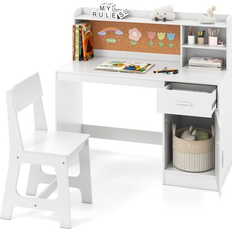 COSTWAY Kids Study Desk and Chair Set Wooden Children Writing Table-White (1/5)