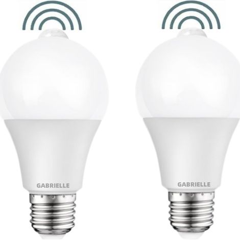 - Paquete de 2 bombillas LED con sensor de movimiento PIR, casquillo E27, 12 W, 1000 lúmenes (equivalente a 100 vatios), 220 V, blanco frío 6000 K, iluminación de seguridad