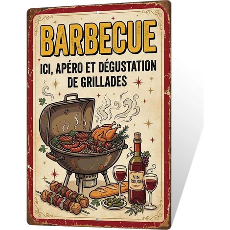 Plaque Aluminium “Barbecue Ici apéro dégustation de grillades”, Panneau métal Vintage Cuisine d’été, déco Murale terrasse Jardin pergola, Illustration Grill vin Rouge, enseigne BBQ (1/5)