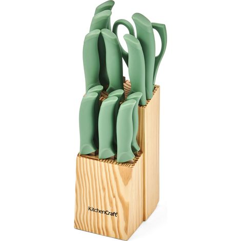 KitchenCraft 14 Piece Knife Block Set, 7 Multi-Purpose Knives, 6 Steak Knives & Kitchen Scissors in Wooden Block, Green Handles, Complete Kitchen Prep Set for Cooking and Meal Prep