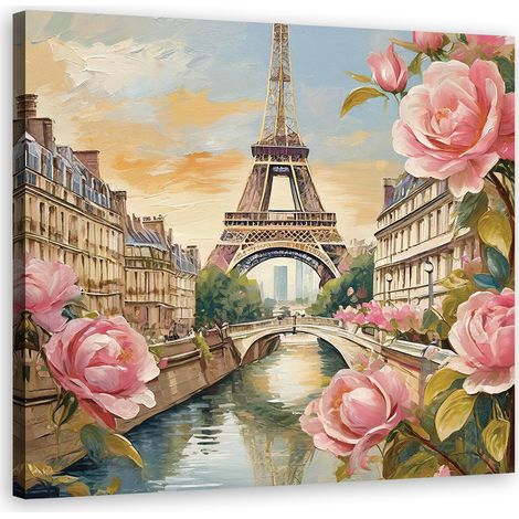 Tableau déco Paris Tour Eiffel Fleurs Roses 50x50 (1/5)