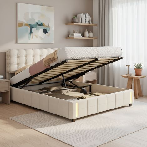 Polsterbett 140x200 cm mit LED, Doppelbett mit hydraulisch und Stauraum, Modernes Jugendbett, Bettgestell mit Kopfteil und Lattenrost, Velour Beige, Ohne Matratze
