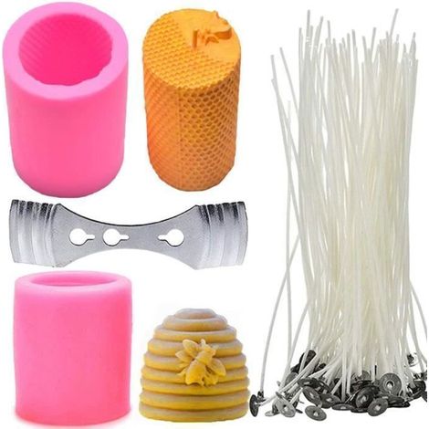 Lot de 2 moules à bougie en silicone en nid d\'abeille 3D avec mèches de bougie 50 pièces et dispositif de centrage pour bougies en (1/4)