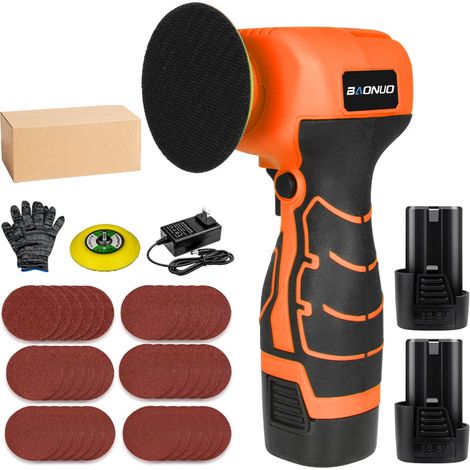 Kit de Polissage Orange – 2 Batteries + 1 Chargeur – Mini Polisseuse Sans Fil Portable pour Cire, Rouille, Bois et Voiture – Ponceuse-Polisseuse Lithium-Ion Multifonction (1/2)