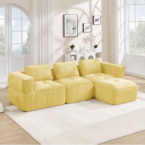 Canapé d’angle modulaire 271x162x67cm avec pouf, mousse 32D, tissu polyester jaune (1/5)
