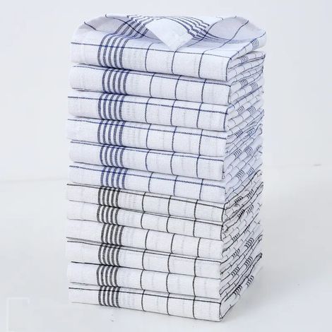 Lot de 12 torchons de cuisine en coton à rayures et à carreaux, haute absorption, bleus et noirs, pour le nettoyage de la vaisselle (1/5)