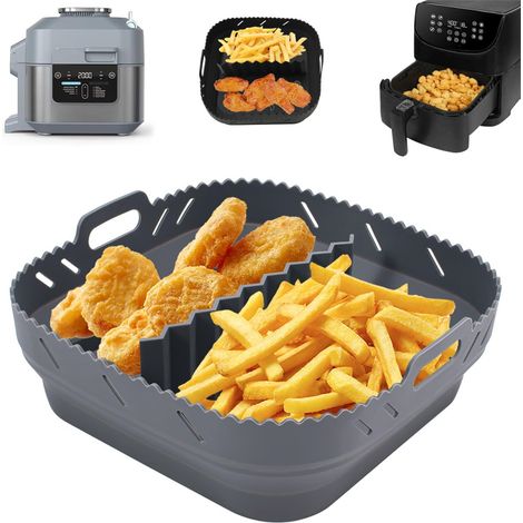 Poêle à frire réutilisable en silicone 21×21cm avec séparateur, filtre à huile, compatible lave-vaisselle, convient aux friteuses à air chaud COSORI, Ninja, Tefal, Vortex et autres. (1/5)