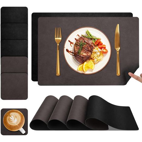 Set de Table et Dessous de Verre, Sets de Table Lot de 6 Lavable Double Face Bicolore en Cuir, Set Table Antidérapants Faciles à Nettoyer (Marron café/Noir, Lot de 6) (1/5)