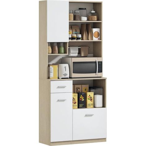 Armoire de cuisine haute, meuble de rangement moderne avec étagères réglables, tiroir, blanc et aspect bois (1/5)