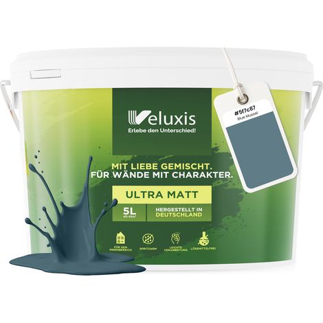 Wandfarbe Blau Grau Petrol Matt Innenfarbe – Deckkraft Klasse 1, VOC-frei, Ohne Grundierung, Tropfarm – Wohnzimmer & Schlafzimmer – 5L – Veluxis (Blue Mussel)