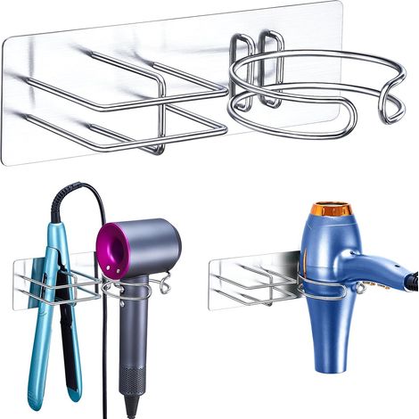 Support Seche Cheveux et Lisseur, Porte seche cheveux Mural, Porte Seche Cheveux et lisseur, Support seche cheveux Sans Percage pour Salle de Bains, Argent (1/5)
