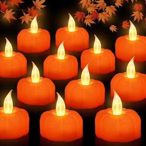 Lot de 12 bougies LED citrouille – Bougies chauffe-plat sans flamme à effet vacillant pour la décoration de table d'automne, d'Halloween et de Thanksgiving (1/5)