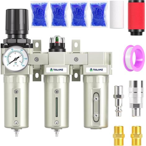 0-1.6MPA 1/2 Inch BSP Industrial Grade Three Stage Air Drying System, Particulate Filter, Coalescing Filter, Desiccant Dryer and Air Regulator (Manual Drainage)
