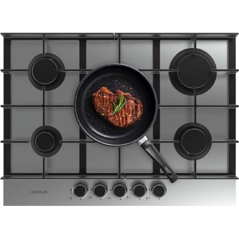 Cecotec Placa de Gas de 5 Fuegos Bolero Squad G 5400F Inox, 10,4kW, Acero Inoxidable, Parrillas Hierro Fundido, Quemador WOK