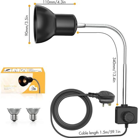 Lampe chauffante 25 W avec support, lampe chauffante UVA/UVB avec pince rotative à 360° et adaptateur secteur pour reptiles, lézards, tortues et serpents d'aquarium