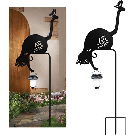 Lanterne solaire en forme de chat, piquet de jardin en métal, décoration pour pelouse, terrasse et allée, éclairage nocturne résistant aux intempéries avec interrupteur marche/arrêt automatique (1/5)