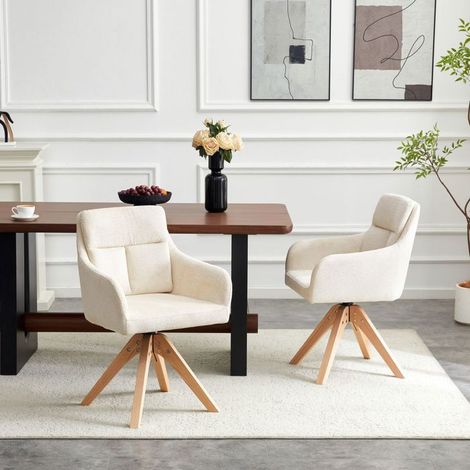 Lot de chaises 2 pièces pivotantes en velours dossier haut rotation 360° velours structuré beige clair pieds en bois massif style (1/5)