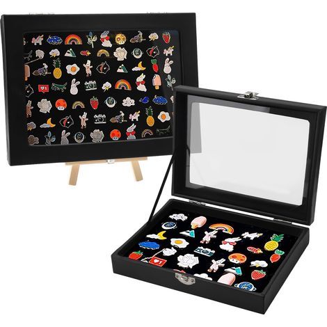 Vetrina ribaltabile in velluto nero, collezione di spille con contenitore per spille in velluto trasparente con supporto in legno e chiusure in ferro per (1/5)