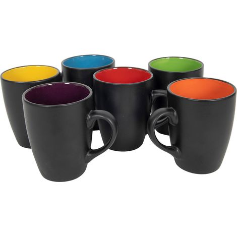 Porzellan Kaffeetasse 6er Set 340 ml - schwarz matt / farbig - Kaffeenecher Teetasse mit Henkel