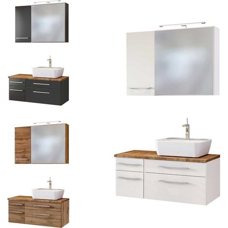 Badmöbel Set mit LED-Spiegelschrank 90 cm & Keramik Aufsatzwaschbecken Rechts TAREE-03 in matt grau (1/5)