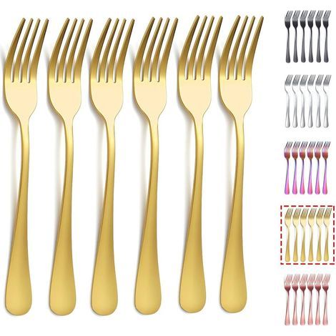 Fourchettes de table dorées, lot de 6, en acier inoxydable de 20,5 cm, plaqué or titane, pour mariage. (1/5)