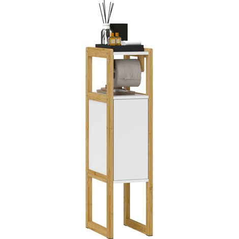 Mobiletto Bagno Salvaspazio Armadietto Porta Carta Igienica con Ripiano in Bambù 20x33x80cm Bianco (1/5)