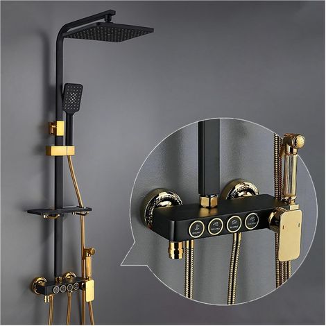 Ensemble de douche mitigeur thermostatique intelli Ensemble de douche numérique chaud et froid robinet système de douche de salle de bains robinet de douche en or noir pommeau de douche carré système (1/5)