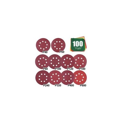 Lot de 100 disques abrasifs 125mm – Assortiment grains 40/60/80/100/120/180/240/320/400/800 – Pour ponçage bois, métal, verre – Compatible ponceuses orbitales