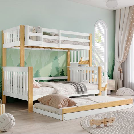 Letto a castello 254x216.5x165 cm bianco e naturale in pino e MDF con letto estraibile (1/5)