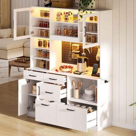 Buffet de Cuisine 185 x 145 x 40 cm 5 tiroirs prise intégrée éclairage LED surface de travail étagères réglables panneau perforé (1/5)