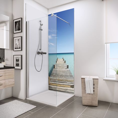 Schulte – Pack de 2 panneaux muraux 90 x 210 cm – Revêtement douche composite aluminium – Décor Ponton de Maldives – Accessoires inclus