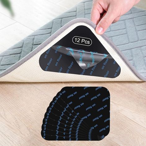 12 Pièces Grip Tapis Antidérapant pour Sols Durs, Fixations Lavables et Réutilisables, Anti-Repli, Double Face, pour Tapis sur Parquet, Carrelage, Stratifié et Marbre (Noir) (1/5)