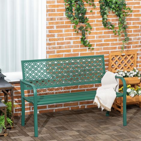 Gartenbank, wetterfeste Gartenbank aus Stahl mit floral gemusterter Rückenlehne für 2 Personen, 127 x 63 x 83 cm, dunkelgrün