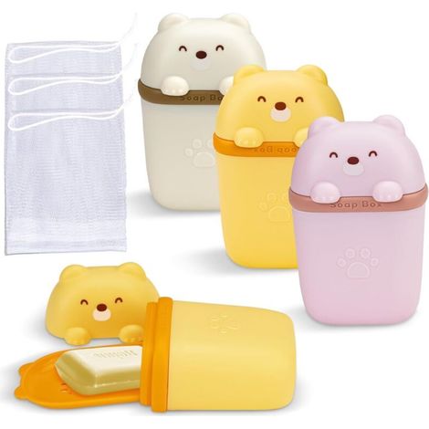 Set di 3 contenitori da viaggio per sapone - A tenuta stagna - Con coperchio e foro di scarico - Con retina per sapone - Per bagno, viaggi, uso esterno -Crezuo