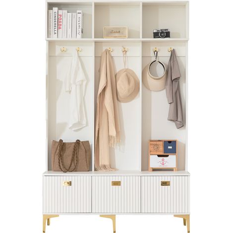 Meuble d'entrée,Vestiaire avec banc Blanc,Porte-manteaux 6 crochets,Rangement chaussures ,Mécanisme sécurité,120×40×191,5cm