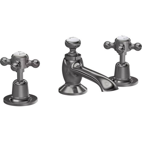 Hudson Reed Topaz Dome 3-Hole Basin Mixer Tap Deck Mounted with Pop Up Waste - Brushed Pewter