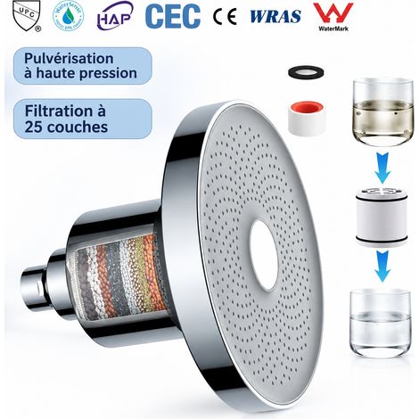 Pommeau de douche de tête 6 pouces filtration 25 couches anticalcaire chromé 16 × 16 × 14,5 cm 580 g – Livraison gratuite (1/5)