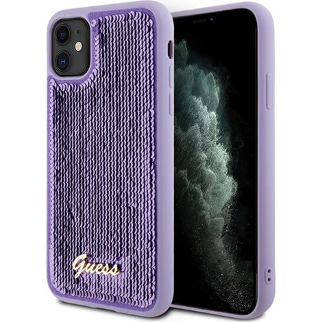 Guess GUHCN61PSFDGSU Custodia rigida viola/viola per iPhone 11 / Xr 6.1 con scritta in paillettes e metallo (1/5)