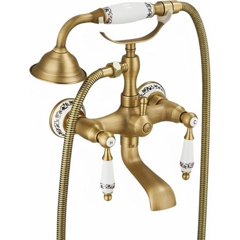 Robinet de baignoire style rétro Vintage en Laiton mélangeur avec Grosse douchette mural céramique cuivre
