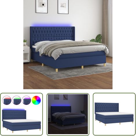 The Living Store Sommier à lattes de lit matelas et LED Bleu 160x200 cm Tissu - Sommier Tapissier - Lit Plateforme - Lit Avec Led - Matelas À Ressorts Ensachés - Têted Lit Ajustable (1/5)