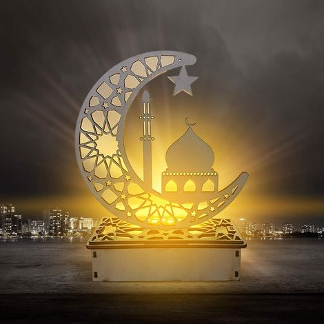1 Lampe LED Bois, Croissant Lune, Étoile, Veilleuse Décorative, Fête Ramadan Aïd (1/5)