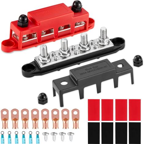 Barre de Distribution D'alimentation 12V-48V 250A 4 Goujons M8 5/16 3 Bornes à Vis M4 Bus Bar Bornier Bloc Distribution D'énergie avec Couvercles pour Voitures, Bateaux, Yachts (Rouge, Noir) (1/5)