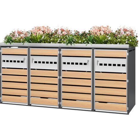 Abri poubelles 4 compartiments avec jardinière intégrée, portes ajourées verrouillables, acier galvanisé gris et aspect bois, pour extérieur, CHICFURN (1/5)