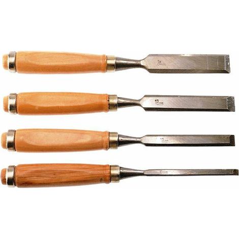 Set de cinceles planos para madera, Drel, modelo 4 piezas (6/12/18/24 mm), uso en carpintería y ebanistería, hojas de acero endurecido, mangos de madera, alta precisión