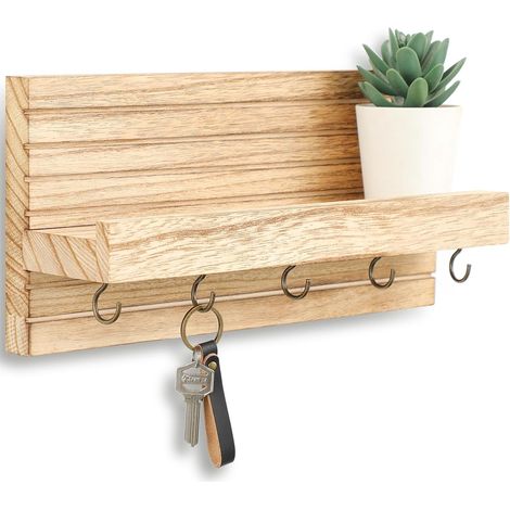 Portachiavi in legno con mensola – da parete – con ganci multipli – robusto e decorativo – perfetto per ingresso e corridoio (1/5)