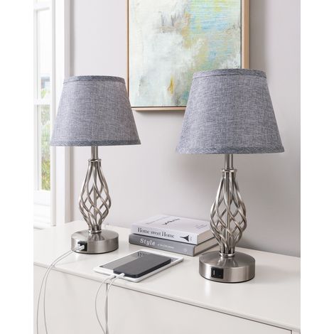 EDISHINE LED Nachttischlampe Touch Dimmbar 2er Set, Tischlampe Modern, Lampe mit Ladefunktion, 2 USB Anschlüsse, für Deko Schlafzimmer, Wohnzimmer, Fensterbank, Geschenk, Lampenschirm Leinen, Grau (1/5)