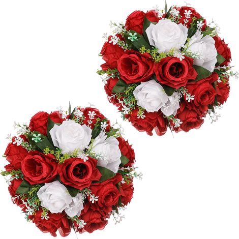 Lot de 2 fleurs artificielles (bordeaux + blanc) pour table de mariage, allée, décoration intérieure, fleurs artificielles, roses, fleurs décoratives pour vitrine. (1/2)