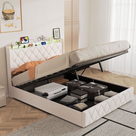 Lit coffre 140 x 200 cm, lit 2 places avec USB et LED, avec sommier, Grand Rangement sous lit, lit 140 capitonné de Velours Beige (1/5)